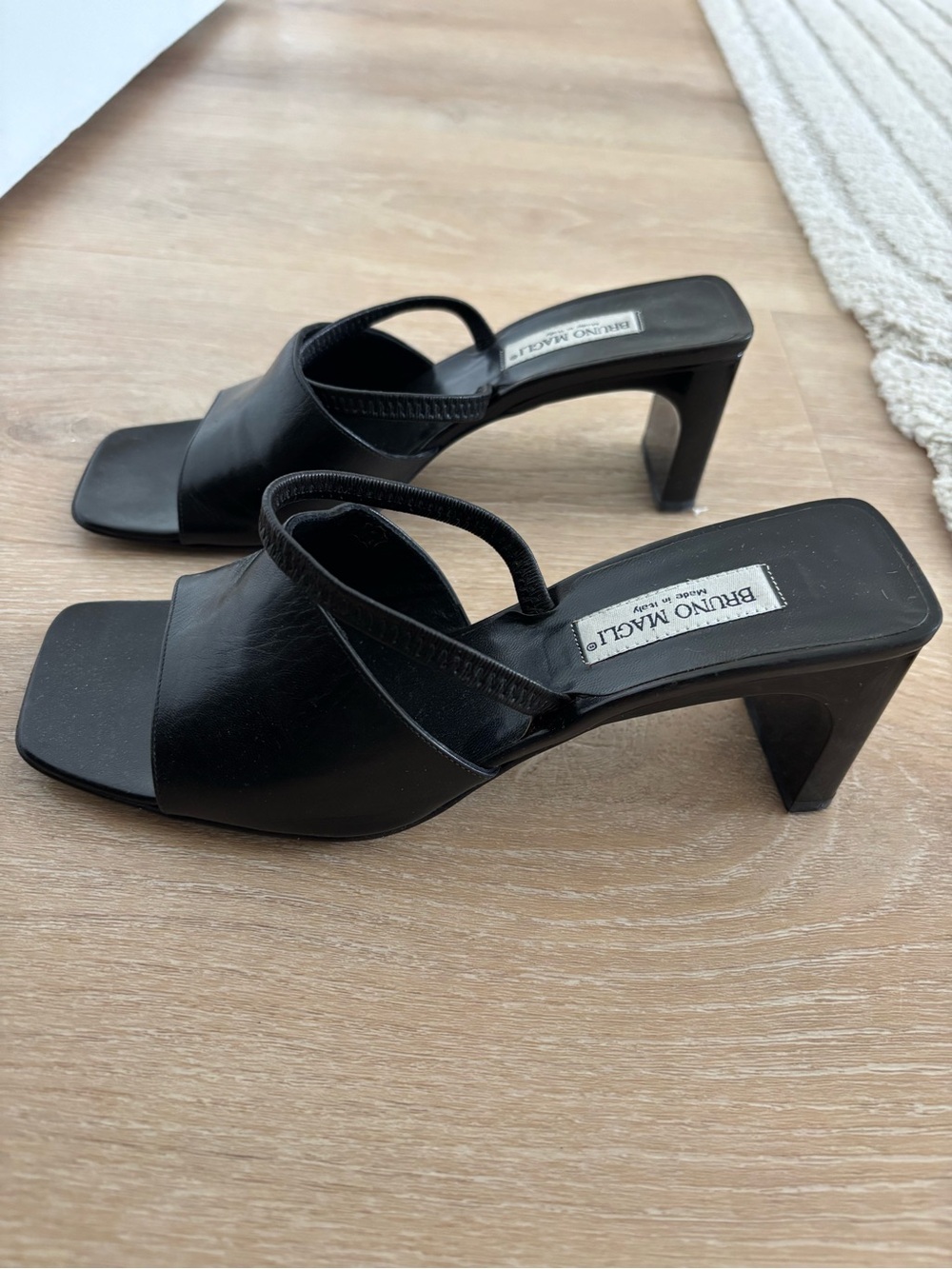 Bruno Magli Black Leather Square-Toe Heeled Kitten Heels